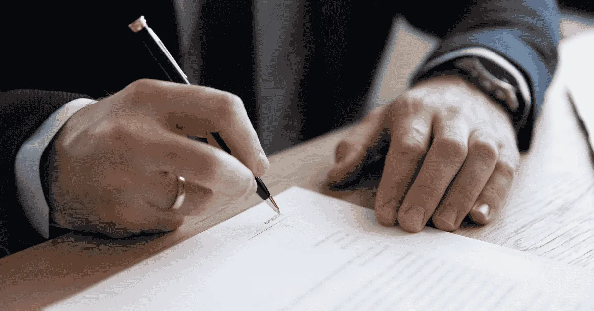 Notary signing documents at a desk